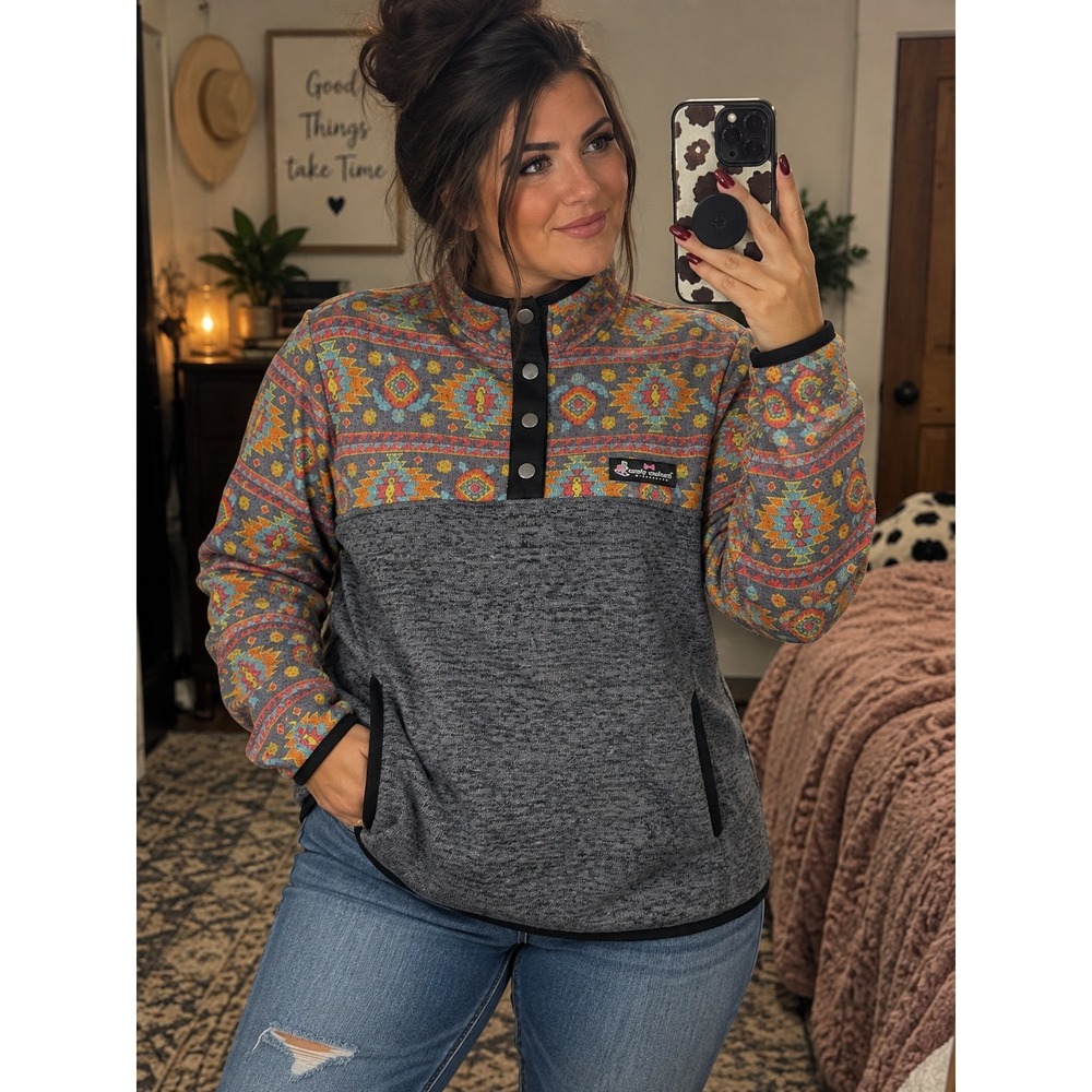 Simply Southern Pullover Women Large Grey Aztec Nautical Good Fleece Snap Pocket